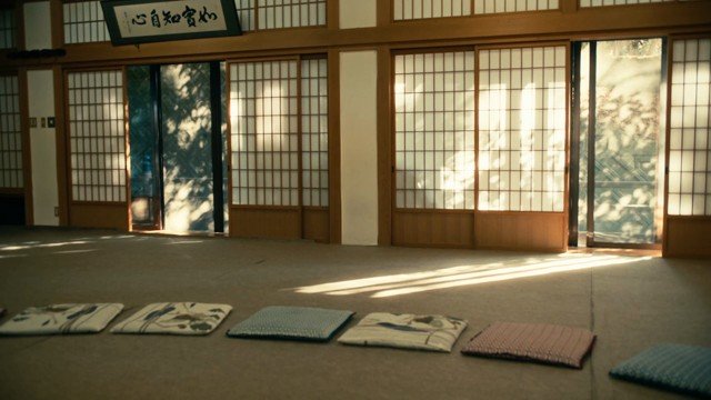 An empty tatami room prepared with cushions and morning light